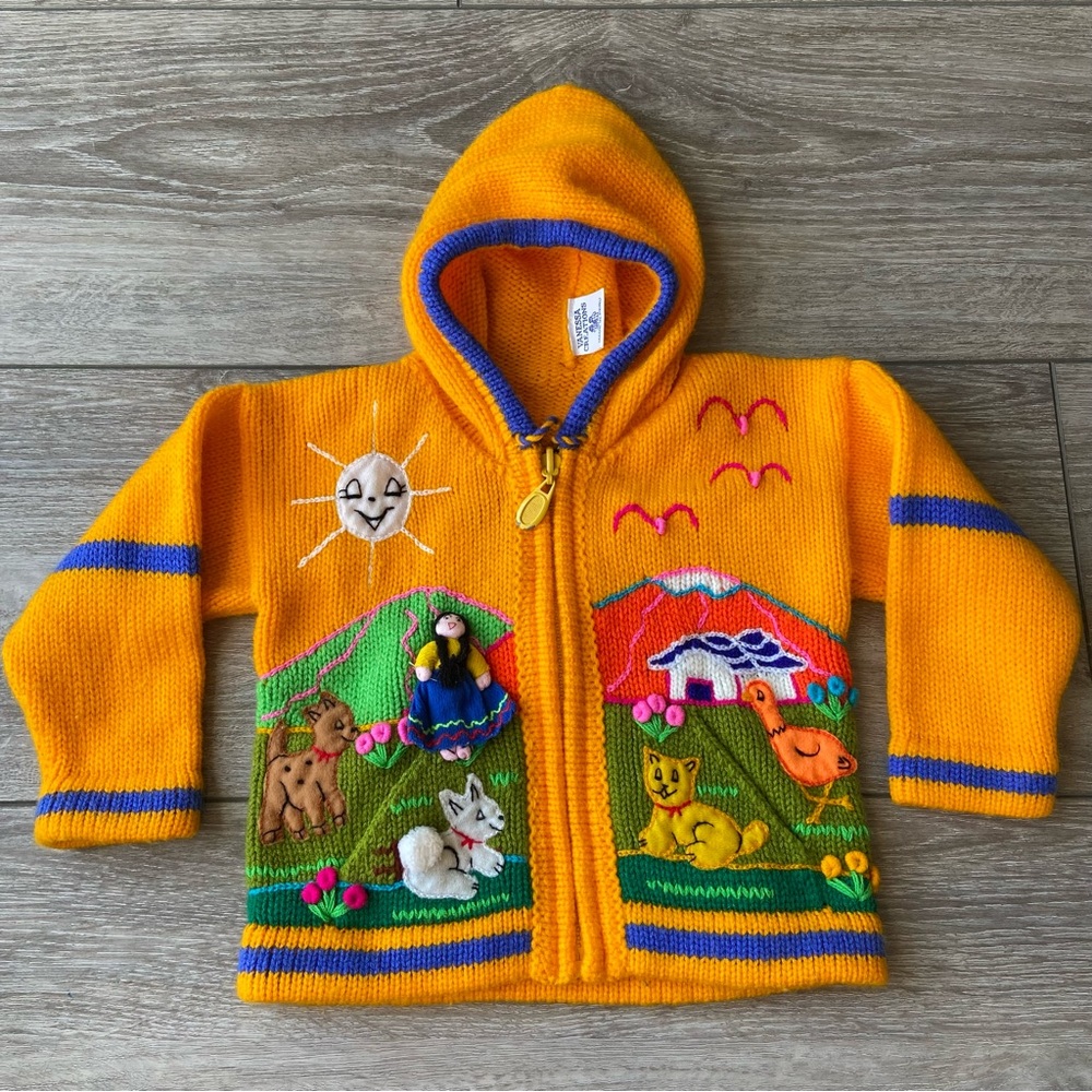 VANESSA CREATIONS Handmade Peruvian Animals Embroidery Kid's Cardigan Sweater